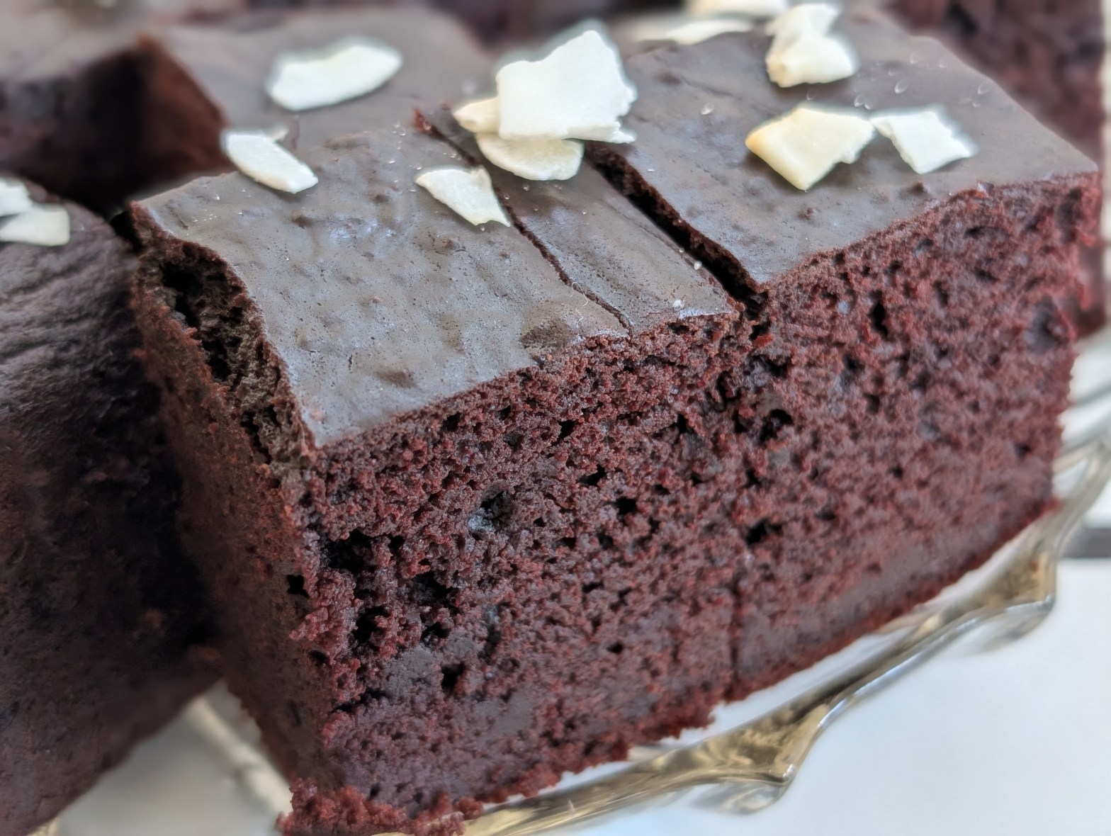Squares of chocolate cake topped with shaved coconut.