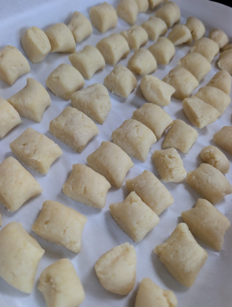 Raw potato gnocchi in lines on parchment paper.
